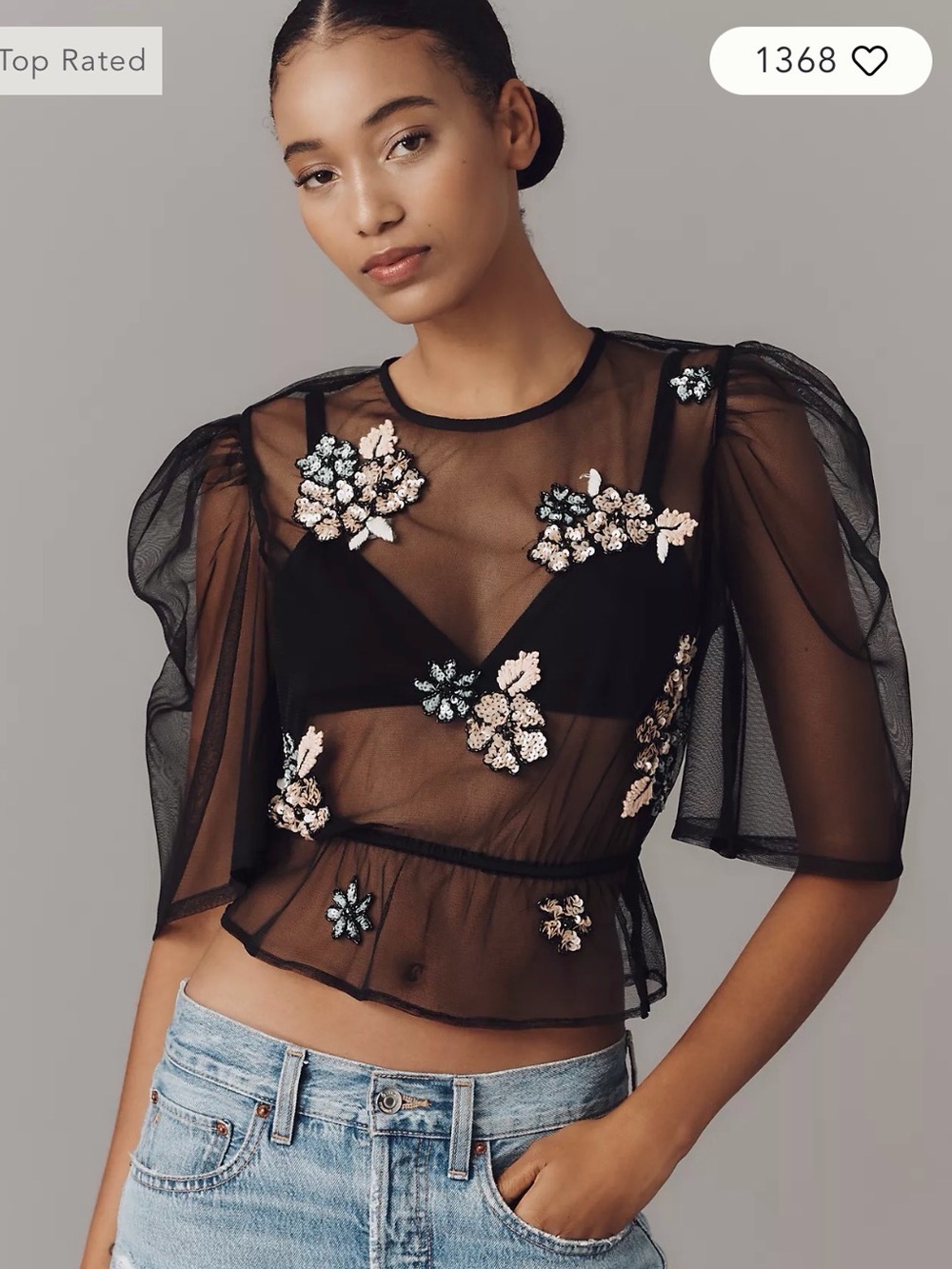 Anthropologie Embellished Sheer Mesh Top Floral XXS NWT